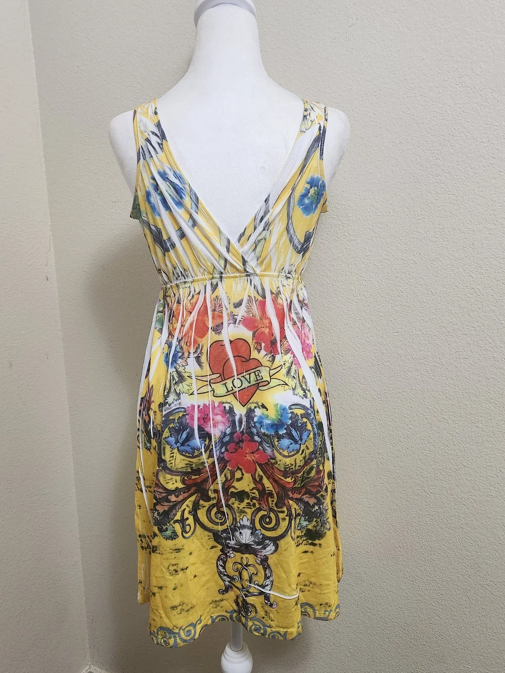 Y2K Babydoll Tatoo Mini Dresses Heart Rhinestone Ed Hardy Style Paper Thin Beach